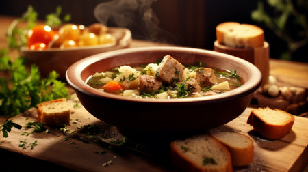 Delicious meat soup with pieces of beef or lamb, fresh herbs and vegetables on a wooden table in a beautiful dish. Homemade healthy food in a cozy atmosphereの素材