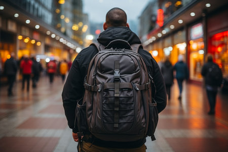 Man stays in city street at night with backpack and enjoys the views, rear viewの素材