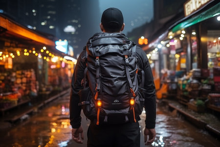 Nocturnal urban voyager. backpack-clad man reveling in captivating night cityscapesの素材
