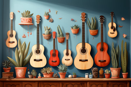 Guitars hang on the blue wall among the many cacti. Cartoon style. Cinco de Mayo holiday backgroundの素材