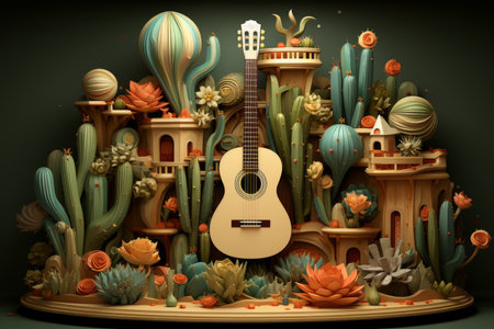 Cinco de Mayo, creative cartoon style, wooden guitar next to cactiの素材