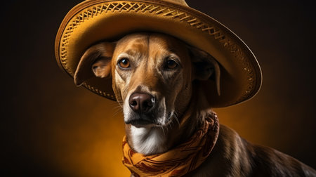 Cute mix brred dog wearing Mexican sombrero hat, yellow background. Celebrate Cinco de Mayoの素材