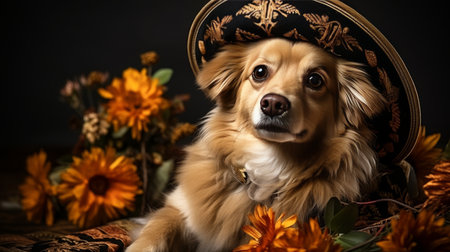 Cute little dog is wearing a Mexican sombrero hat, yellow flowers. Celebrate Cinco de Mayo holidayの素材