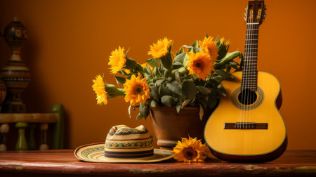 Mexican sombrero hat, flowers and wooden acoustic guitar on a yellow wallの素材