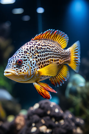 Beautiful rare silver yellow blue spotted fish with big fins, close-up view. An exotic aquarium.の素材