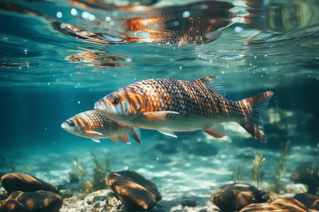 Beautiful River fish swim in shoals underwater in the river, close viewの素材