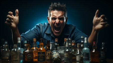 The man is angry and has problems with alcohol, there are a lot of empty glass bottlesの素材