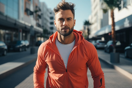 Young man in orange sports clothes runs in the city in the summer morningの素材