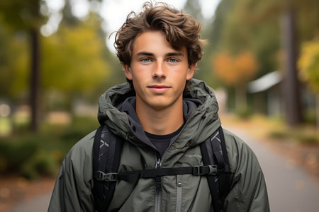 Young man with a backpack in green sports clothes travel in forest, front view portraitの素材