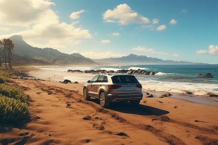 Modern silver SUV car rides on the sands of the seashore, rear viewの素材