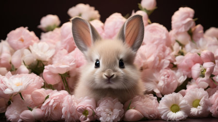 Spring background with a cute red rabbit and pink flowersの素材