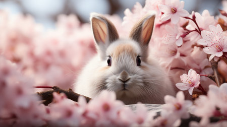 Adorable easter bunny delighted by beautiful and colorful blooming spring flowersの素材