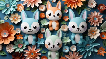 Colorful paper hares and flowers on a blue background, origami art, easter bunny spring postcardの素材