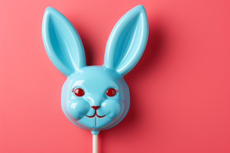 Blue lollipop shaped like a rabbit head with big ears on red, easter bunny sweetの素材