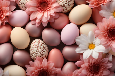 Easter Greeting card with flowers and pink pastel color eggs, top viewの素材
