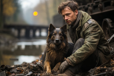 Sad man sits with a dog next to dirty river, climate change problems and a disasterの素材