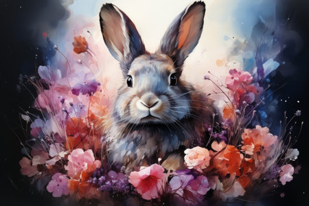 Easter bunny with pink spring flowers in watercolor style, decorative easter illustrationの素材