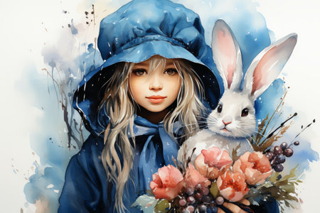 little girl with easter bunny and flowers, blue watercolor style artの素材