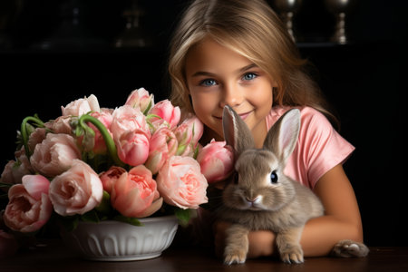 little girl holds easter bunny, bouquet of pink flowers in a vaseの素材