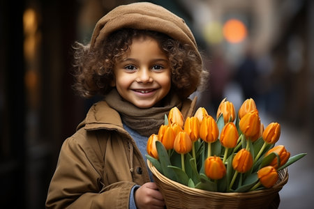 Beautiful african girl holding a basket filled with bright yellow tulips in a natural settingの素材