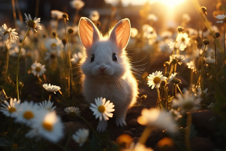 White rabbit in green grass with spring flowers in field at sunsetの素材