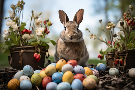 Cute easter bunny with decorated eggs and colorful spring flowers in a charming gardenの素材