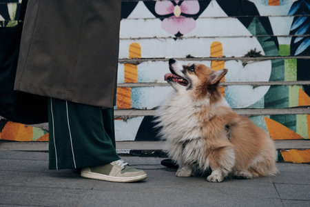 Urban life style with pet. Welsh corgi Pembroke fluffy on a walk with female owner and posing next to colorful creative steps.. A young pretty girl walks in Belgrade with a dogの写真素材