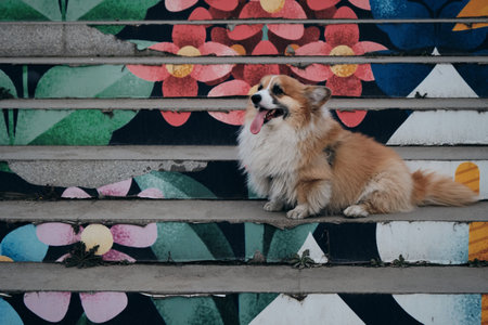 Charming red fluffy Welsh corgi Pembroke is like a fox. A purebred happy dog poses on a colorful staircase in the center of Belgradeの写真素材