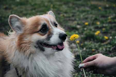 Charming red fluffy Welsh corgi Pembroke is like a fox. A purebred happy dog in a green clearing sniffs a yellow dandelion held by the hand of female ownerの写真素材