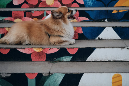 Charming red fluffy Welsh corgi Pembroke is like a fox. A purebred happy dog poses on a colorful staircase in the center of Belgradeの写真素材