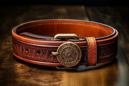 Brown leather Pet collar on wooden table with a medallionの素材