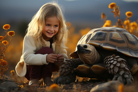 Adorable blonde girl playing with a giant wild land turtle, happy child with big tortoise in natureの素材