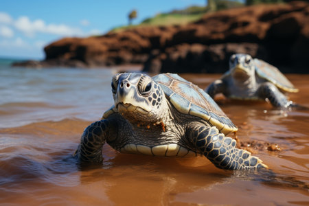Small turtles in water on the sandy beach, International Turtle Protection Dayの素材