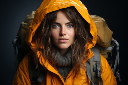 Young woman travels with big backpack, front view close up portrait on darkの素材