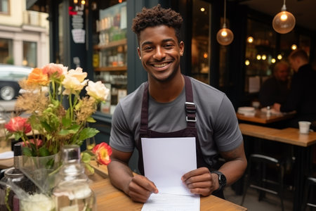 Afro american young man waiter or barista smiles and holds a white mockup sign with copy spaceの素材
