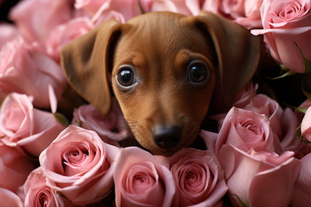 Adorable ginger dachshund puppy with stunning pink roses for spring greeting card designの素材