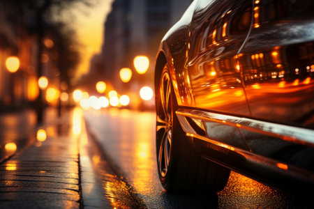 Modern car close up side view with beautiful urban cityscape background - transportation conceptの素材