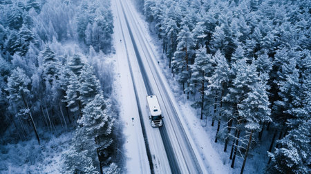 Scenic aerial view of motorhome driving on snowy road through winter coniferous forestの素材