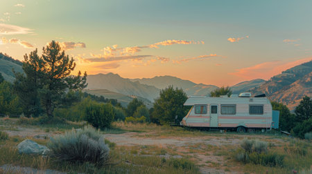 A mobile home trailer is parked in the mountains at sunset in summerの素材