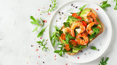 Avocado toast with fresh greens and shrimp on white plate, top view for presentationの素材
