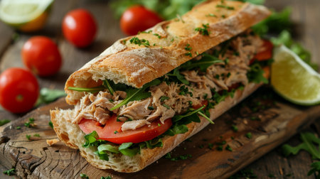 Savory tuna and ripe tomato sandwich with crisp greens on a charming wooden tableの素材