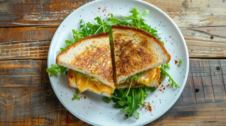 Grilled cheese sandwich with fresh greens on white plate, top view for food photographyの素材