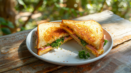 Delicious grilled sandwich with cheese, ham, and greens served outdoors on a wooden tableの素材