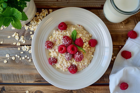 breakfast of raspberry oatmeal on white plate with glass of milk on rustic wooden table, top viewの素材