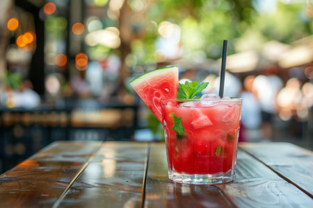 Delicious watermelon cocktail in glass on cafe table, evoking summer vibes and refreshmentの素材