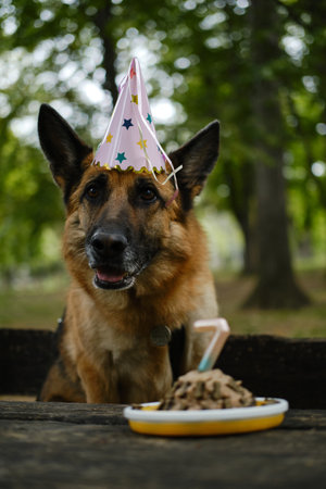 Female German Shepherd wears a pink paper cap. Cute pet at wooden table in the park next to a meat cake to celebrate 7th birthday. One happy dog on party in forestの写真素材