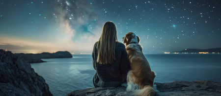 Young woman and golden retriever gazing at starry sky on coastal night, sitting together by the seaの素材