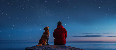 Young man and golden retriever admire starry night sky by sea coast, sitting together, rear viewの素材