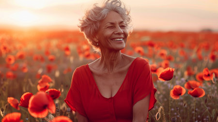 Happy middle aged woman in red dress joyfully posing at sunset in vibrant poppy fieldの素材