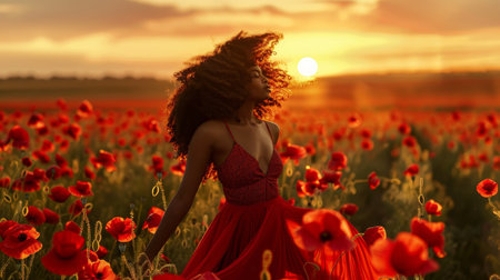 Beautiful young African woman in elegant red dress posing gracefully in a sunset poppy fieldの素材